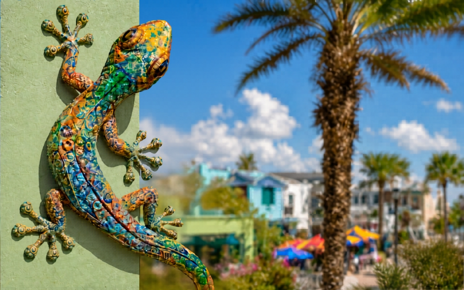 Things to do in Gulfport FL, colorful gecko sculpture on Beach Boulevard waterfront district
