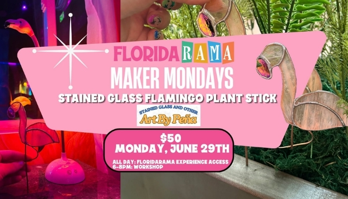 Stained glass flamingo plant stick workshop at FloridaRAMA in St. Pete