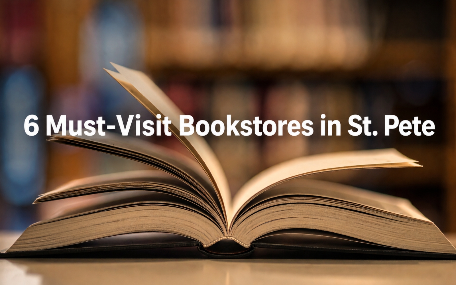St. Pete bookstores guide featuring an open book and bookshelf background