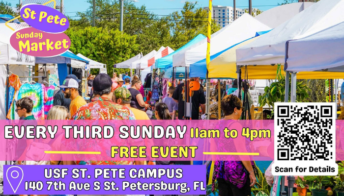 St. Pete Sunday Market at USF St. Petersburg St. Pete Sunday Market at USF St. Petersburg featuring local vendors, artists and an outdoor market.